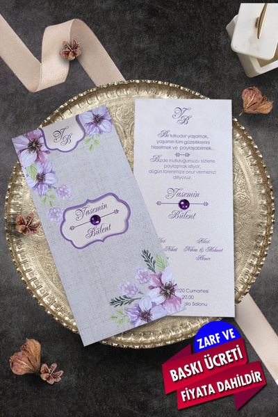 Cem Davetiye Düğün Nişan Nikah Kına Davetiyesi 3393 (100 ADET) Baskı Dahil