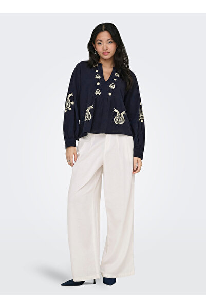 ONLY Kırık Beyaz Kadın Pantolon ONLSVEA-GOA MW LINEN BL WIDE CC PNT
