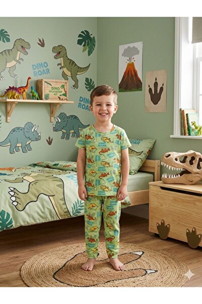 elmas kids 100% pamuk, zeleni set letnjih pidžama sa dinosaurus printom i kra...