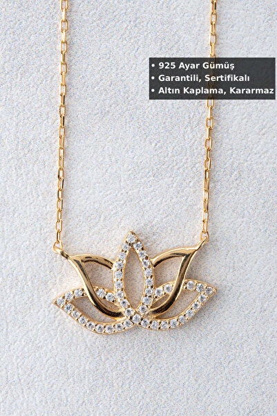 Jewelmim Lotus Çiçeği Gümüş Kolye | Sarı Altın Kaplama Lotus Kolyesi 925 Ayar...