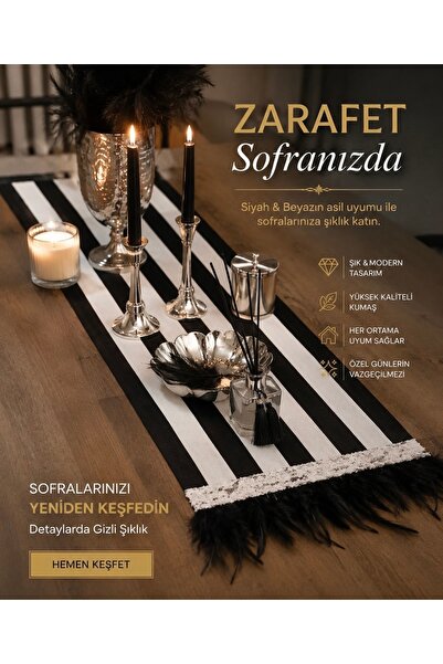 Premium Tüylü Masa Runnerı – Siyah Beyaz Kumaş ve Gümüş Payetli Şık Dekoratif (100 X 40)
