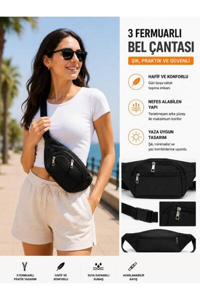Sofia Unisex τσάντα μέσης με 3 φερμουάρ, μαύρη, κατάλληλη για δώρο, κατάλληλη...
