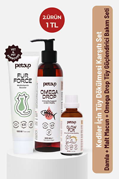 petsup Kediler İçin Tüy Dökülmesi Karşıtı Set | Damla + Malt Macun + Omega Dr...