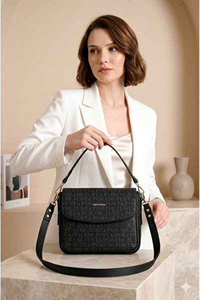 Just Polo حقيبة يد وكتف نسائية سوداء مقسمة بحزامين-bd2184