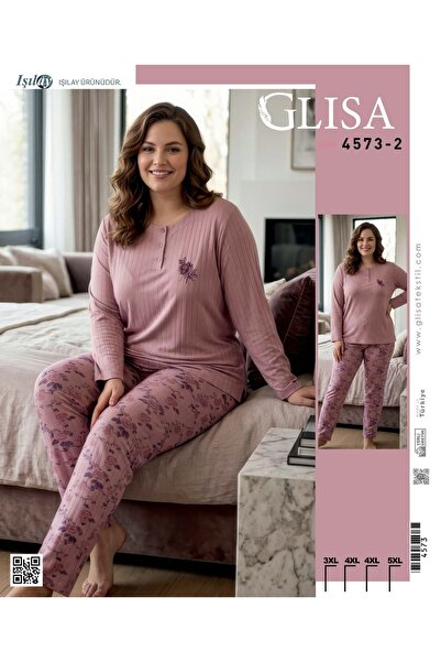 GLİSA IŞILAY Çiçek detaylı desenli büyük beden kadın pijama takımı uzun kollu