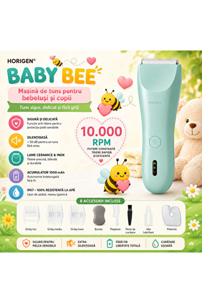 Horigen Masina Tuns Bebelusi Copii Baby Bee,Silentios, 10.000 RPM, Acumulator 1000 mAh, Verde
