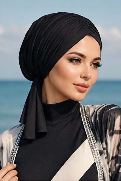 Aişe tesettür Siyah Bağcıklı Büzgülü Deniz - Havuz Bonesi