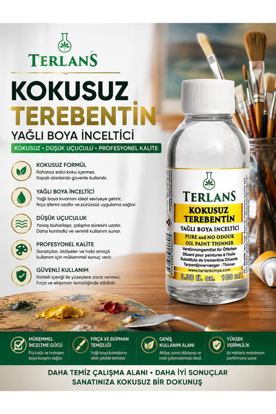 Terlans Kokusuz Terebentin 100 ml Tamamen Kokusuz Yağlı Boya Inceltici & Temi...