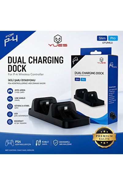YUES PS4 DualShock 4 Şarj Standı – Çift Yuvalı Gamepad Dock, PS4/Slim/Pro Uyu...