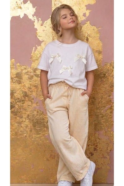 CALİSA Girl's Beige Trousers and Bow Detail White T-Shirt Top and Bottom Comb...