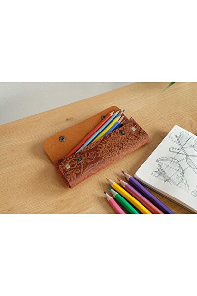 TeriArte Patterned Leather Pen Holder, Genuine Leather Small Pencil Case – Bu...