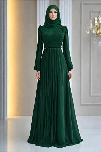 TRENDTESETTÜR KADIN YEŞİL (ZÜMRÜT) DRAPE DETAYLI ABİYE ELBİSE T 9363