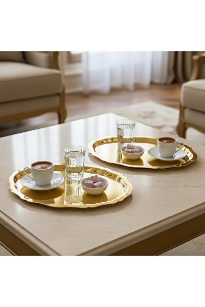 FABRIONA TEK TARAFLI GOLD 6'Lı Çelik Tepsi Oval Model Kahve Çay Söz Nişan Lokum Servis Sunum Tepsisi İkramlık