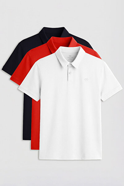 TOMMY LIFE Ανδρικό T-Shirt Standard Fit Basic Polo Neck 3-pack Λευκό-Μπλε-Κόκ...