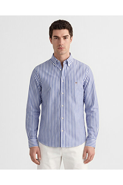 Gant Erkek Mavi Regular Fit Çizgili Logolu Gömlek