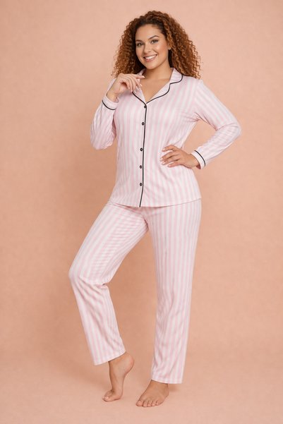 Alperi Plus Size Women's Pajama Set Striped Buttoned Over-The-Knee Comfortabl...