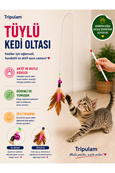 TRİPULAM Tüylü Kedi Oyun Oltası – 90 cm Esnek Sap ve Tüy Figürlü Oyuncak