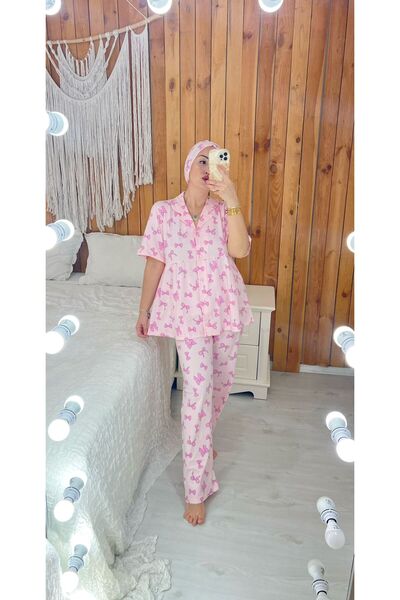 Hijab Bonnet Pink Ribbon Pattern Short Sleeve Wide Mold Maternity Puerperant Pajamas Set