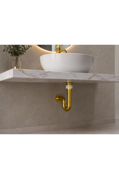 AGE YAPI Dekoratif altın Lavabo Sifonu S Tipi + Pirinç Pop-Up Gider Seti, met...