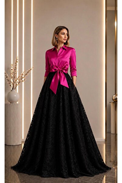 SERAVENZA COUTURE Maxi Boy Eteği Dantel Detaylı Seyyar Kuşaklı Şık Gömlek Elb...