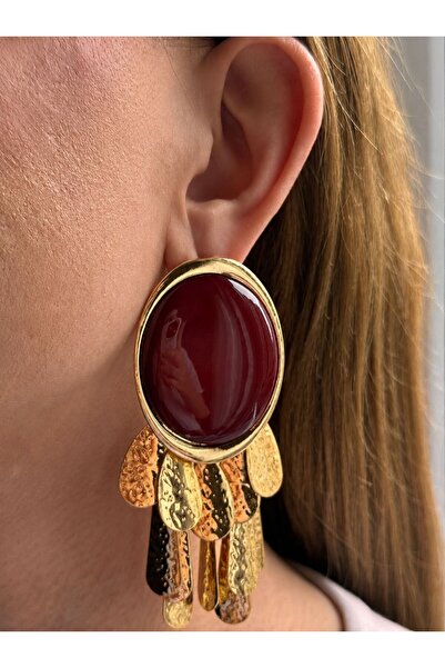 Charmist Steel Gold Detailed Dangling Trim Burgundy Earrings