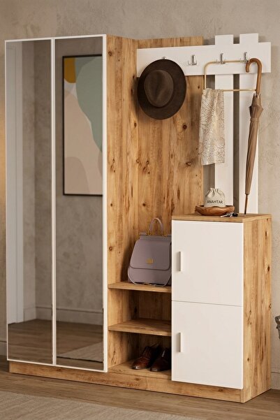 L'occi Concept Wood Aynalı Askılı Kapaklı Vestiyer Portmanto Ayakkabılık Çam-...