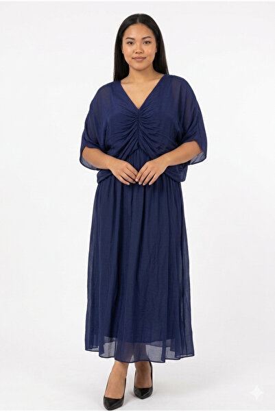 della moor Navy Blue Italian Front Gathered Short Sleeve Long Lined Silk Dres...