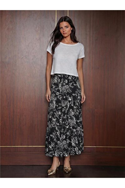 WeShaya Black Patterned Viscose Fabric Long Skirt 1898