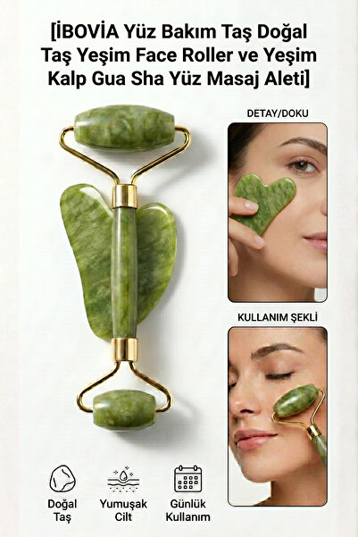 İBOVİA Yüz Bakım Taş Doğal Taş Yeşim Face Roller ve Yeşim Kalp Gua Sha Yüz Ma...