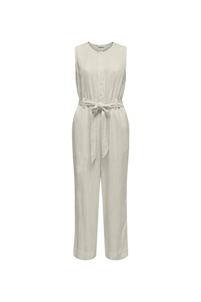 ONLY Ekru Kadın Normal Fit Tulum ONLSIESTA S/L LINEN BL BELT JUMPSUI