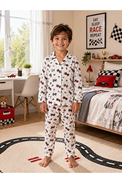 Fil Kids طقم بيجامة شتوية للأولاد مصنوع من القطن بنسبة 100% بلون إكرو بنمط سي...