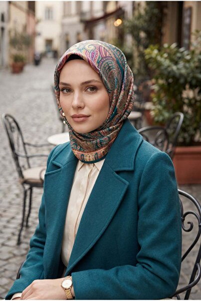 Vissona %100 Twill İpek Etro Desenli Petrol Mavisi Renkli 90x90 Eşarp Dikim Ş...