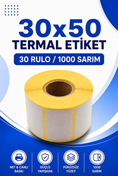 Küresel Etiket Barkod 30x50mm Termal Etiket | 30 Rulo | 1000 Sarım | Ribonsuz...