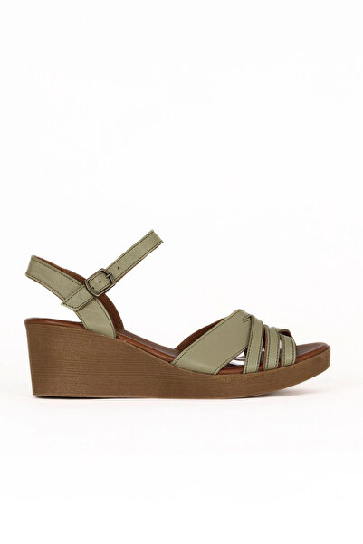 Bueno Shoes Sandale cu toc cu pană pentru femei din piele kaki 01we3900