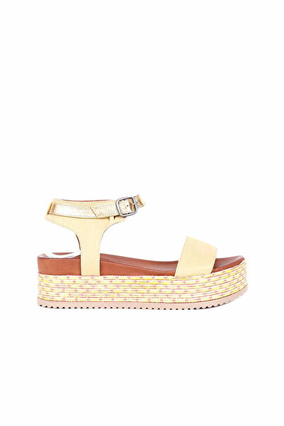 Bueno Shoes Κίτρινα δερμάτινα γυναικεία φλατ σανδάλια με γκλίτερ 01wq3702