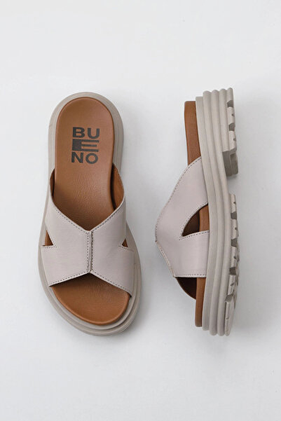Bueno Shoes Γκρι δερμάτινες γυναικείες φλατ παντόφλες 01wy8304