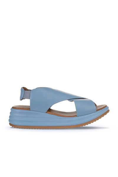 Bueno Shoes Sandale cu toc cu pană pentru femei din piele albastră 01wy5703