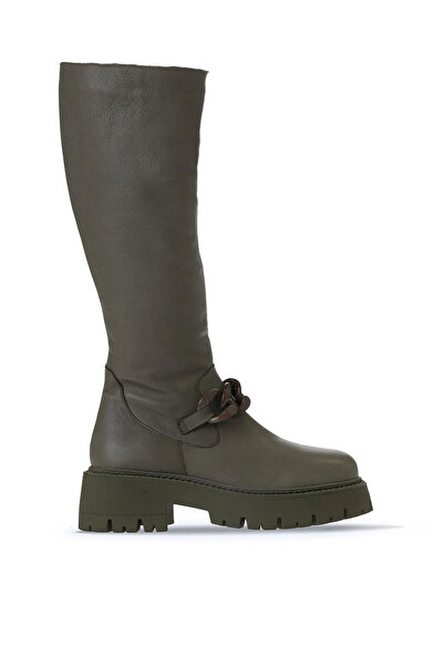 Bueno Shoes Cizme plate de damă din piele kaki 01wv3119