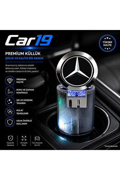 Car19 Mercedes Benz Renkli RGB Led Işıklı Lüx Oto Küllük Kapaklı Spor Araç İç...