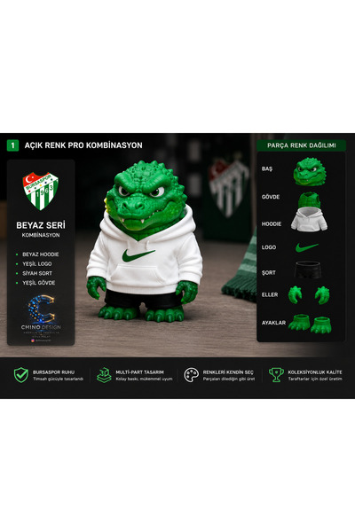 Chino Design BURSASPOR Timsah Figür 3d (BEYAZ ) / 12 cm/ Takım Bursa Teksas /...
