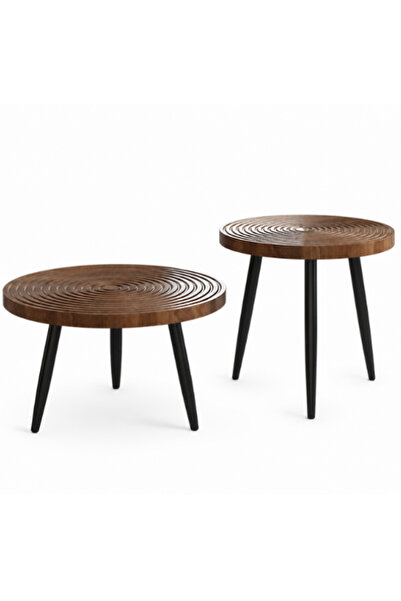 OEM Set 2 masute de cafea rotunde din lemn de Nuc, design industrial, 38 x 60...