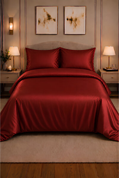 remtex 100% Cotton Burgundy Satin Double Duvet Cover Set – Luxurious Shiny Te...