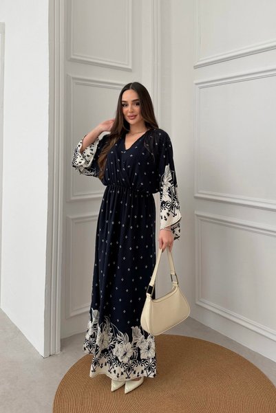 mezqa Navy Blue Long Sleeve Skirt Patterned Long Women's Dress