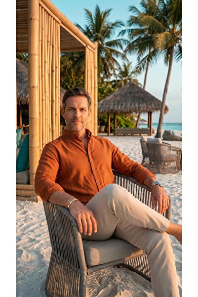 MEGALDİ Erkek Linen Keten Slim Fit Turuncu Uzun Kollu Gömlek