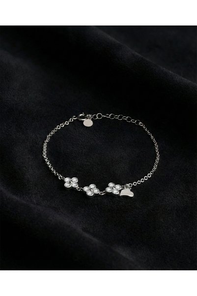 Roza Silver 925 Ayar Rodyum Üçlü Çiçek Kalp Charm Gümüş Bileklik