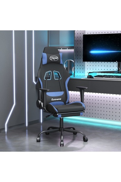 Concept Scaun de gaming cu suport picioare, negru și albastru, textil