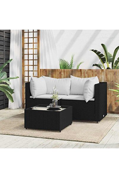 Concept Set mobilier de grădină cu perne, 3 piese, negru, poliratan