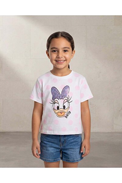 REDTAG Girls White Daisy Sequins Placement Print T-Shirt