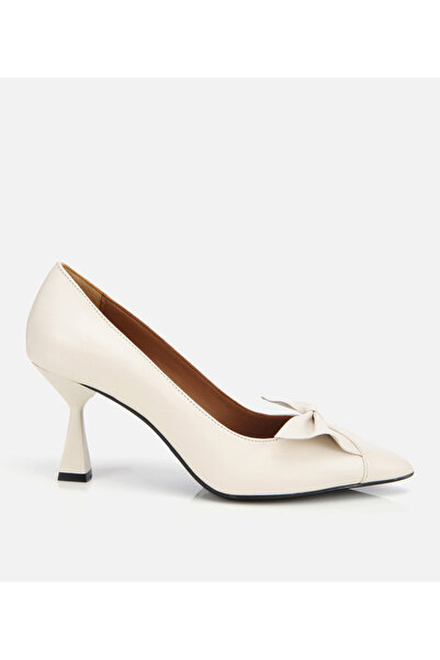 Hotiç Women's Leather Ecru Bow Detailed Thin Heeled Stiletto