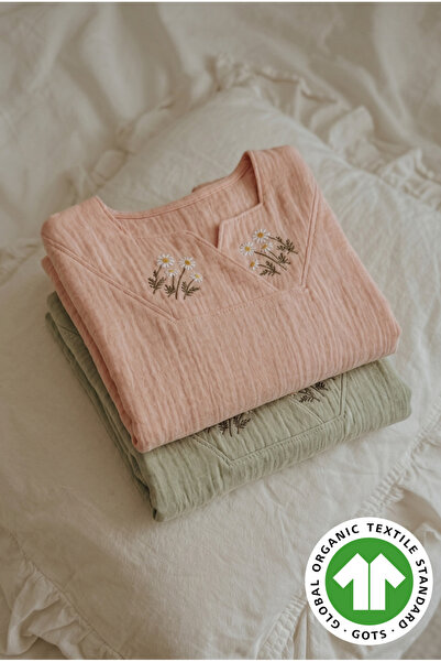 Mtcbaby Müslin Palazzo Pantolon Çiçek Nakışlı Dökümlü Takım 2-7 Somon